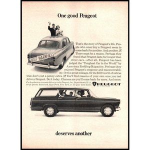 1966 Peugeot Sedan and Wagon Vintage Print Ad Just Married Couple Wall Art